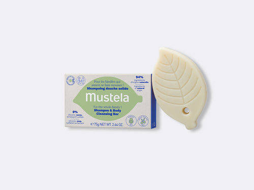 mustela famille bébé shampoing douche solide 75g avec produit sorti - Mustela Belgium - 1